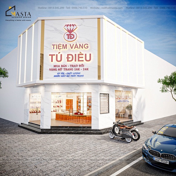 Thiết kế bảng hiệu tiệm vàng cỡ lớn với tông màu trắng 