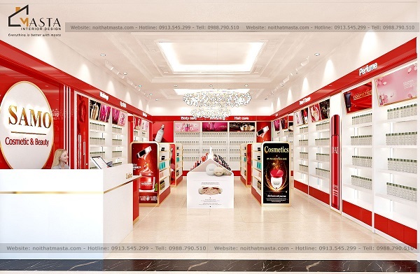 Mẫu shop mỹ phẩm phong cách hiện đại với tông màu đỏ chủ đạo