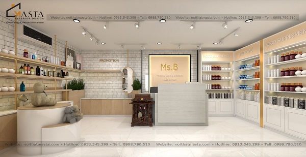 Thiết kế cửa shop mỹ phẩm theo phong cách tinh giản, lược bỏ nội thất ở trung tâm để tạo không gian rộng rãi