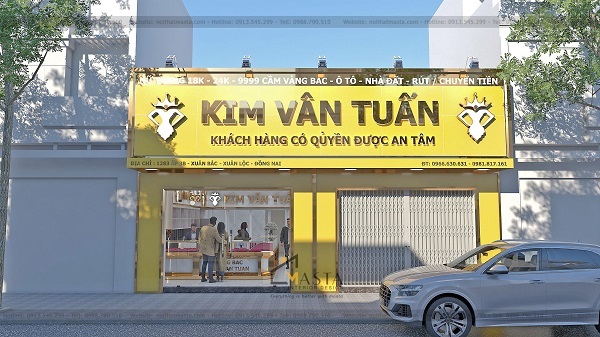 Phối màu vàng trắng trong thiết kế tiệm vàng trong bảng hiệu