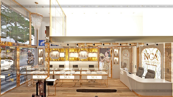 Mẫu thiết kế showroom trang sức luxury có màu sắc vàng kết hợp tông trung tính