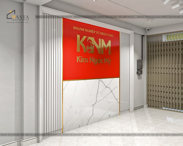 Sử dụng nẹp viền inox mạ xi vàng để làm nổi bật background của cửa tiệm