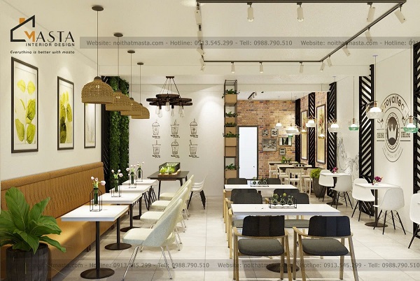 Sử dụng đèn thả trần đan mây tre trang trí cho quán coffee Hana