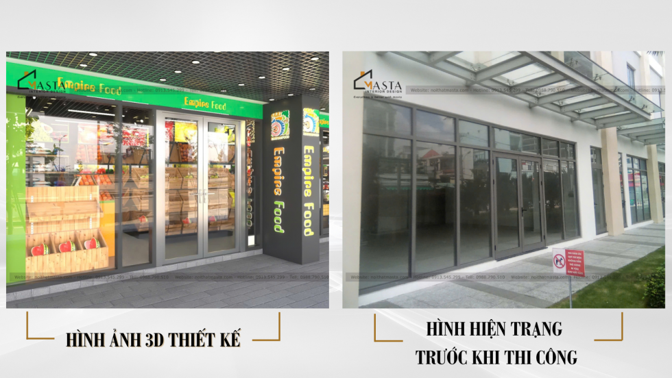 Phối cảnh 3D và hiện trạng trước khi thiết kế cửa hàng thực phẩm EMPIRE FOOD