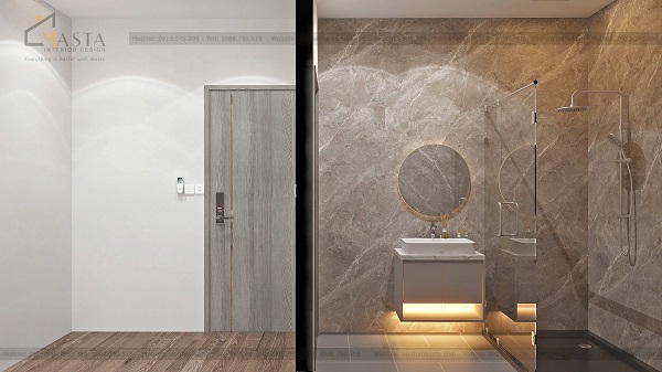 Thiết kế vách kính lớn để phân chia khu vực vệ sinh và rửa mặt