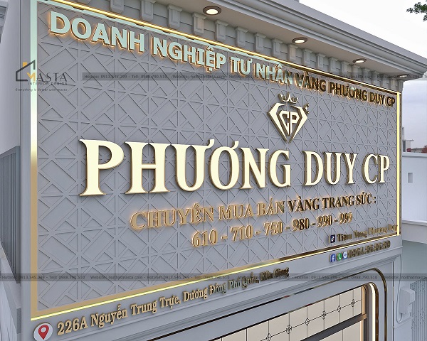 Bảng hiệu mặt tiền tiệm vàng Phương Duy, Phú Quốc thiết kế phong cách tân cổ điển
