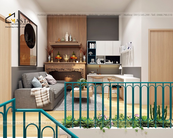Khu vực thờ cúng được đặt trang nghiêm, gọn gàng ở góc nhà