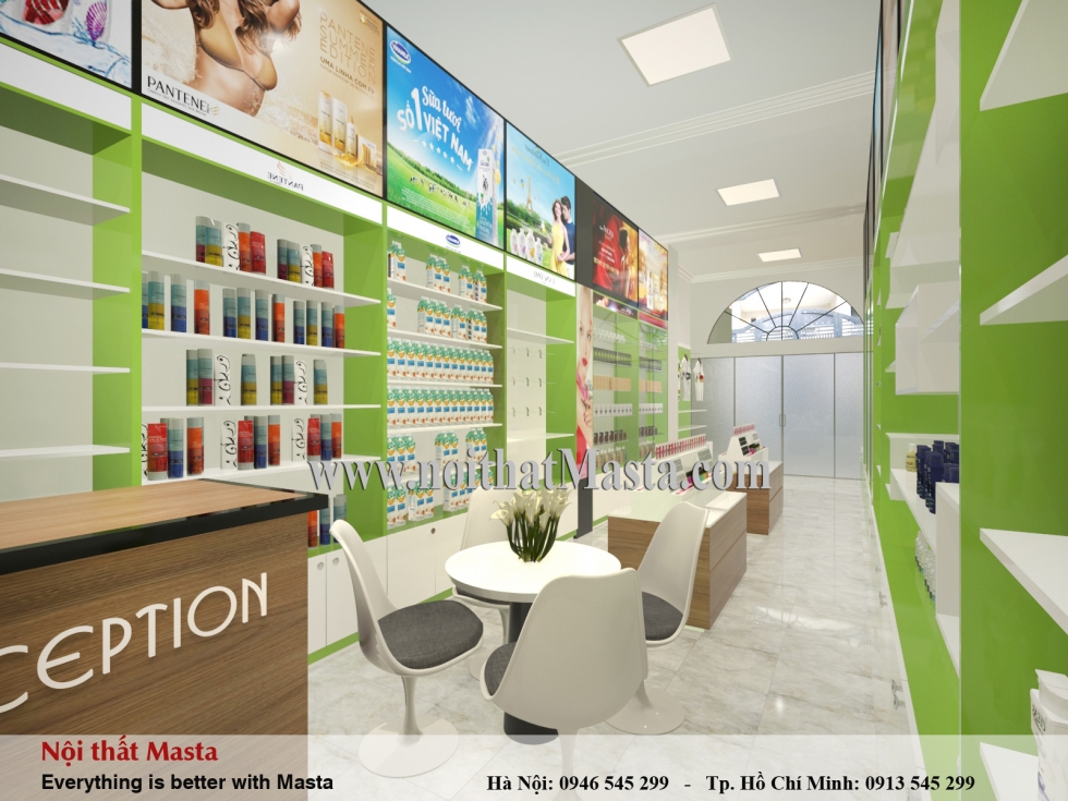 Thiết kế nội thất shop mỹ phẩm màu xanh lá