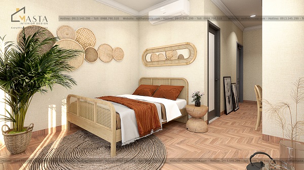 Các mảng màu tương phản như màu nâu, xanh lá tạo điểm nổi bật cho mẫu thiết kế nội thất homestay chị Nhãn, quận 7