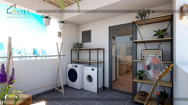 Trên sân thượng còn lắp đặt máy giặt để phục vụ nhu cầu của khách hàng