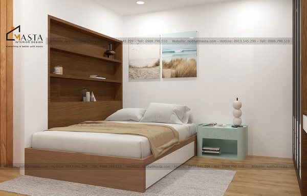 Nội thất phòng ngủ bố trí sát tường, tạo lối đi rộng rãi