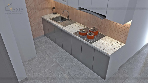 Tủ bếp chữ I song song chất liệu gỗ MDF màu xám trắng