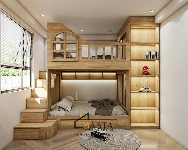 Phối cảnh 3D thiết kế phòng ngủ bé trai bé gái chị Mỹ, Nghệ An