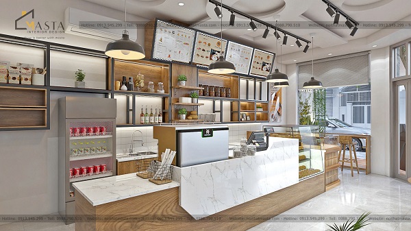 Bố trí kệ gỗ âm tường để trưng bày các sản phẩm cafe, nguyên liệu pha chế
