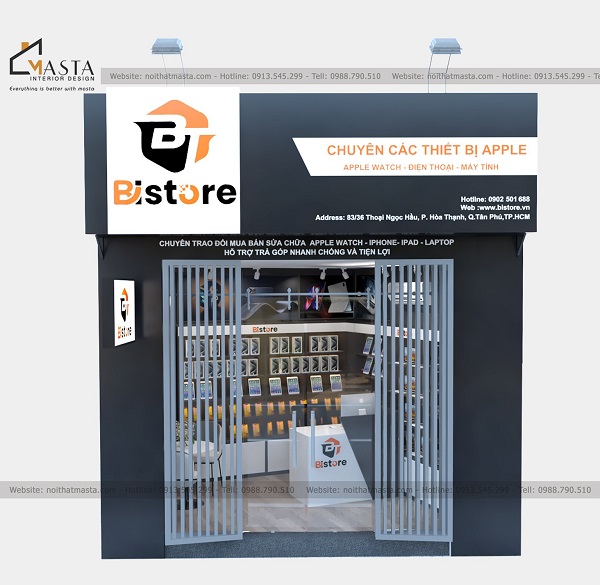 Phối cảnh 3D thiết kế shop điện thoại Bi Store, Tân Phú mặt tiền bên ngoài