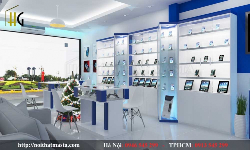 Thiết kế cửa hàng điện thoại màu xanh dương