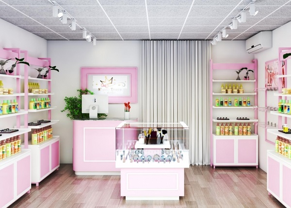Thiết kế shop mỹ phẩm hiện đại sử dụng màu sắc trung tính