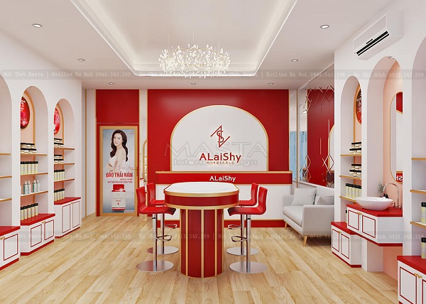 Mẫu thiết kế shop mỹ phẩm phong cách hiện đại với tông đỏ chủ đạo
