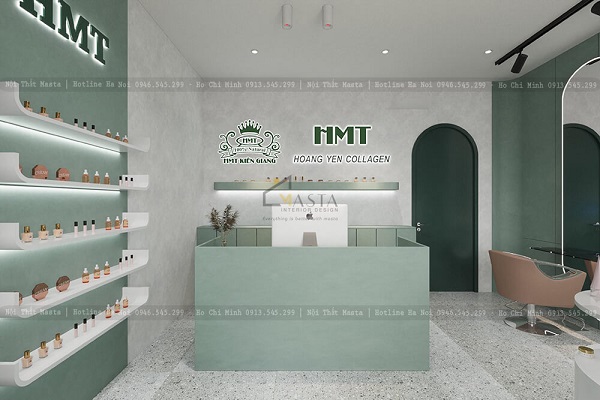 Mẫu thiết kế shop mỹ phẩm phong cách hiện đại với màu xanh pastel tươi mát
