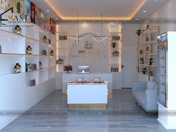 Mẫu shop mỹ phẩm phong cách hiện đại với tông màu trắng thanh lịch