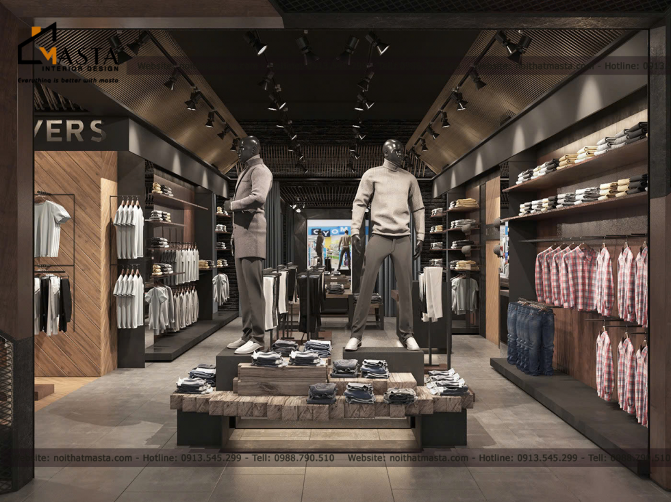 Thiết kế shop thời trang nam, Tiền Giang với gam màu nâu, xám chủ đạo