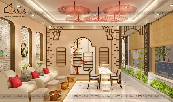 Không gian ngâm chân dược liệu, làm nail bố trí khoa học, đảm bảo lối đi rộng rãi cho nhân viên và khách hàng