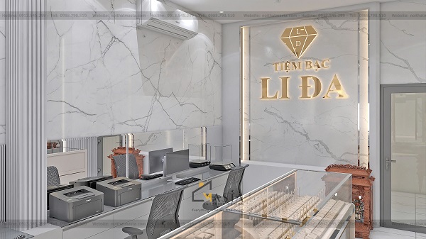 Background sử dụng hệ chữ nổi khung viền inox mạ vàng