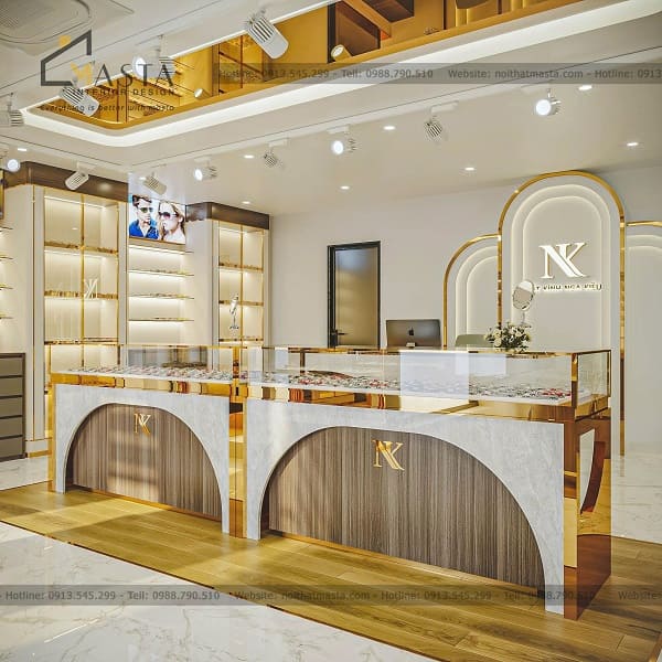 Thiết kế hệ tủ gỗ MDF, khung viền mạ vàng và điểm xuyến logo nổi bật