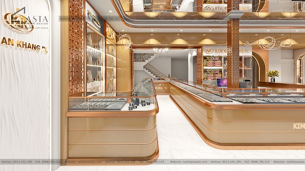 Thiết kế tiệm vàng Kim An Khang ấn tượng khi sử dụng inox mạ xi vàng nổi bật 