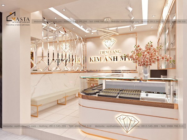 Trang trí kính mài decor kết hợp đèn Led để tạo không gian lung linh cho tiệm vàng 