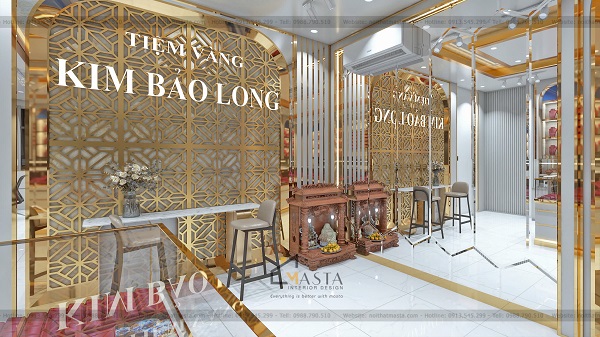 Thế kế backdrop khung mạ vàng nổi bật cho tiệm vàng Kim Bảo Long