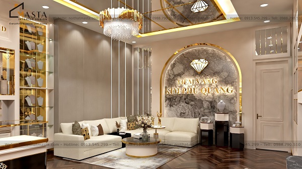 ​Vách logo có hình viên kim cương 3D bóng sáng ở giữa tạo điểm nhấn