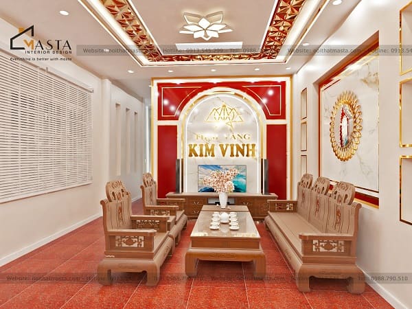Bố trí bàn ghế gỗ lớn để đón tiếp và tư vấn sản phẩm cho khách hàng