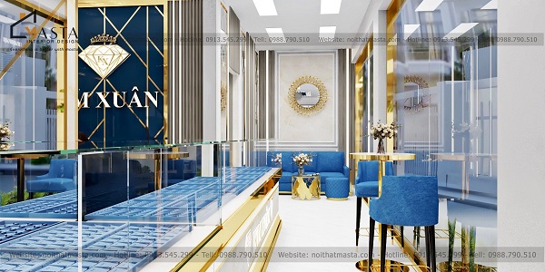 Không gian tiếp khách ấn tượng với bàn ghế sofa tông màu xanh sang trọng