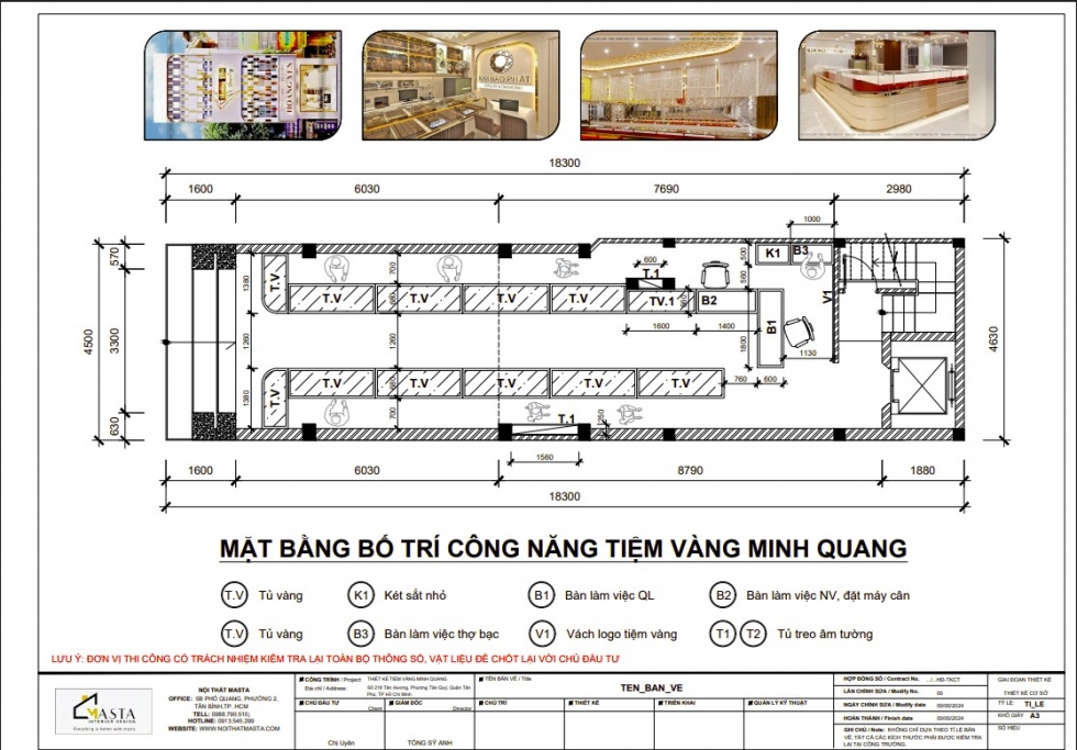 Mặt bằng bố trí công năng thiết kế tiệm vàng Minh Quang, Tân Phú