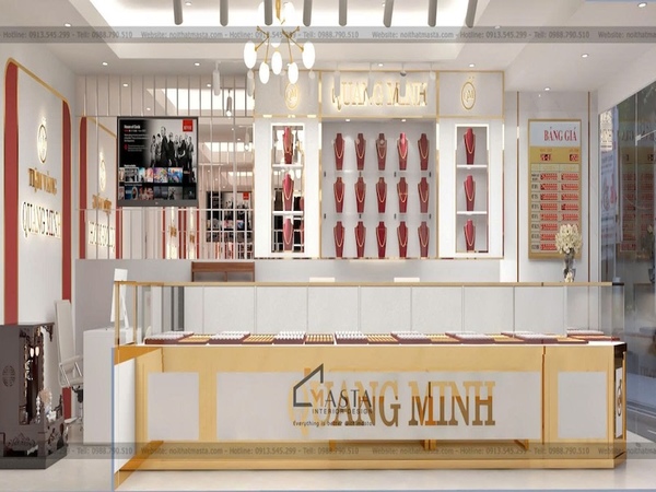 Hệ tủ khung viền inox mạ vàng kết hợp bộ chữ thương hiệu cùng màu