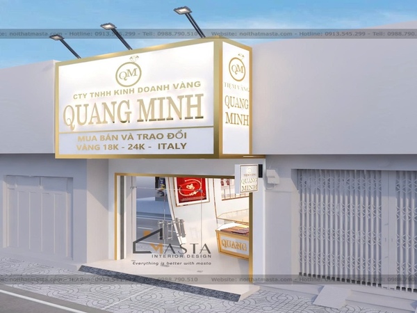 Phối cảnh 3D mặt tiền thiết kế tiệm vàng Quang Minh, Long An