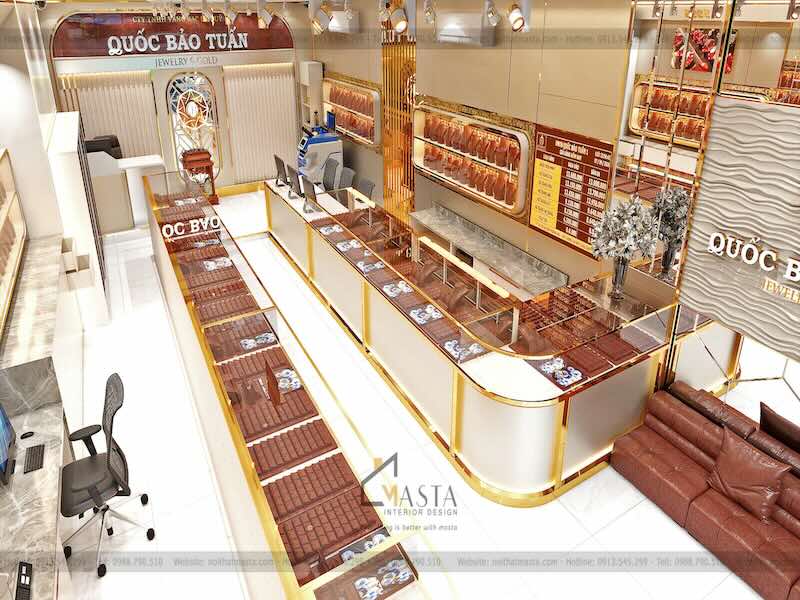 Bục đựng trang sức thiết kế đồng bộ màu sắc với nội thất tiệm vàng