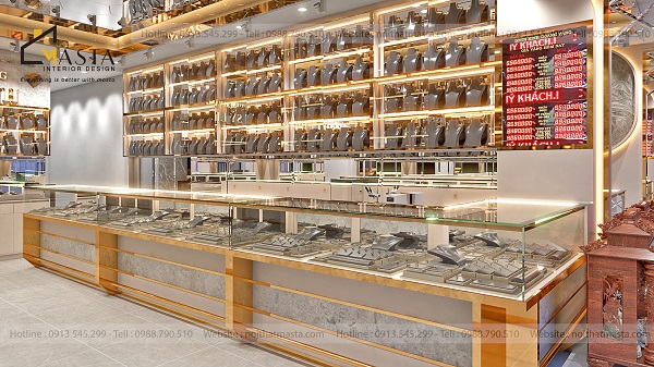 Sử dụng gỗ MDF sơn 2K, viền inox vàng đồng tạo điểm nhấn sang trọng cho không gian