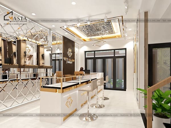 Lắp đặt kính thủy mài decor cùng hệ thống đèn sáng trắng làm nổi bật trang sức trưng bày