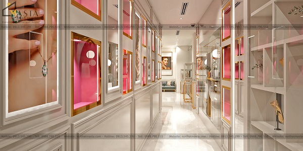Hệ thống kệ tủ trưng bày, tranh decor trang trí bố trí khoa học làm nổi bật sản phẩm trưng bày