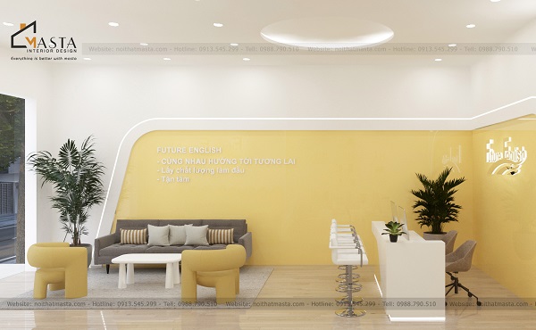 Khu vực lễ tân bố trí ghế tựa lưng sofa cho nhân viên thoải mái làm việc
