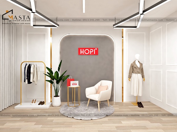 Logo HOPI được thiết kế nổi bật với vách gỗ lam màu xám