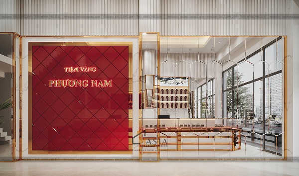 Vách logo nổi bật trên nền đỏ kết hợp khung viền inox mạ vàng